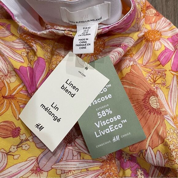 H&M Linen Blend Short Women’s Size 10 Summer Floral Zip Up Stretch Waistband - Picture 4 of 7